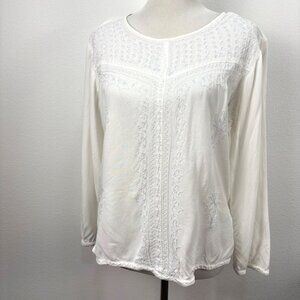 Geeta White Embroidered Floral Rayon Poet Blouse Long Wide Sleeve Free Size Flaw
